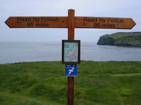 Signpost at the south of the island with The Calf of Man in the background